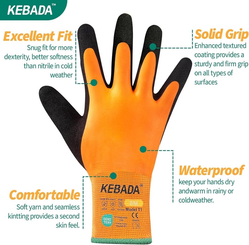 Kebada T1 3 Pairs Waterproof Winter Work Gloves for Men and Women, Warm Work Gloves for Cold Weather, Thermal Insulated Freezer Gloves, 100% Latex Coating & Super Grip, Unisex, Large - Image 2
